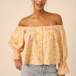 New Free People James Floral Off-Shoulder Smocked Top Cropped Blouse  Size S